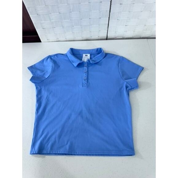 "DKNY Sport" Cropped Blue Polo Shirt SZ  L Buttons Gym Workout Activewear Run - Picture 3 of 7